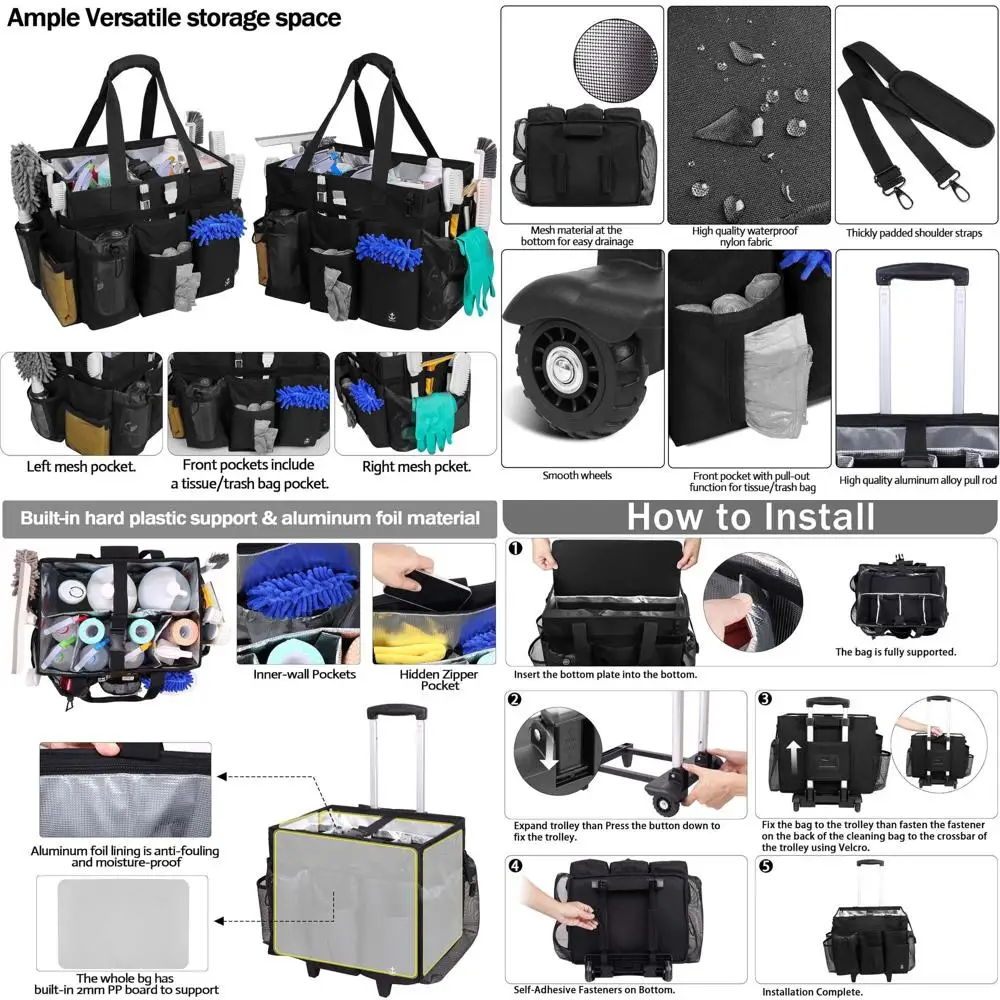

Портативная тележка для уборки дома с регулируемым ремнем, множеством карманов и складной тележкой для эффективной уборки дома
