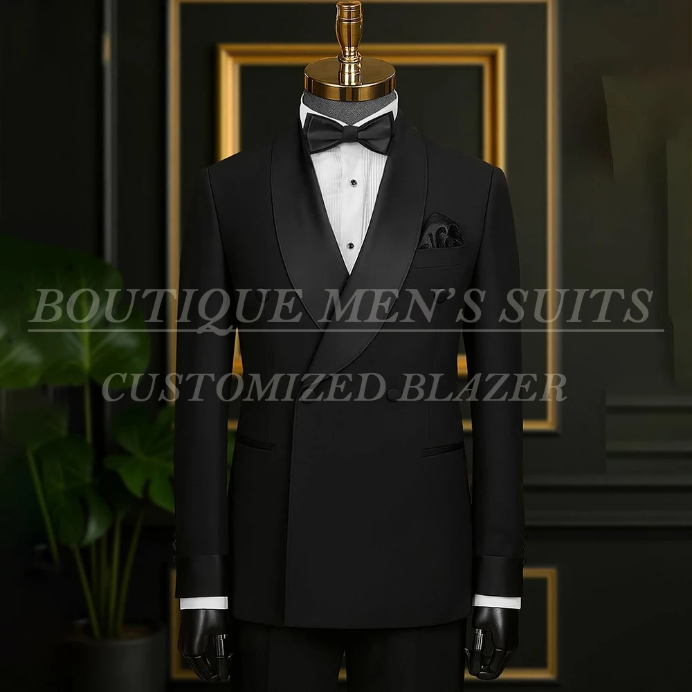 

High Quality Black Men's Suits for Wedding Elegant Double Breasted Shawl Lapel Slim Fit 2 Piece Jacket Pants Clothing Outfits