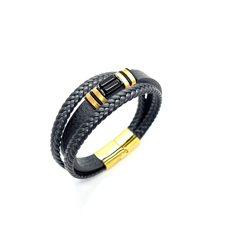 Classic rings beads woven Leather Bracelet 19,21,23cm Size Choose Stainless Steel Magnetic Buckle Fashion Charm Bracelet