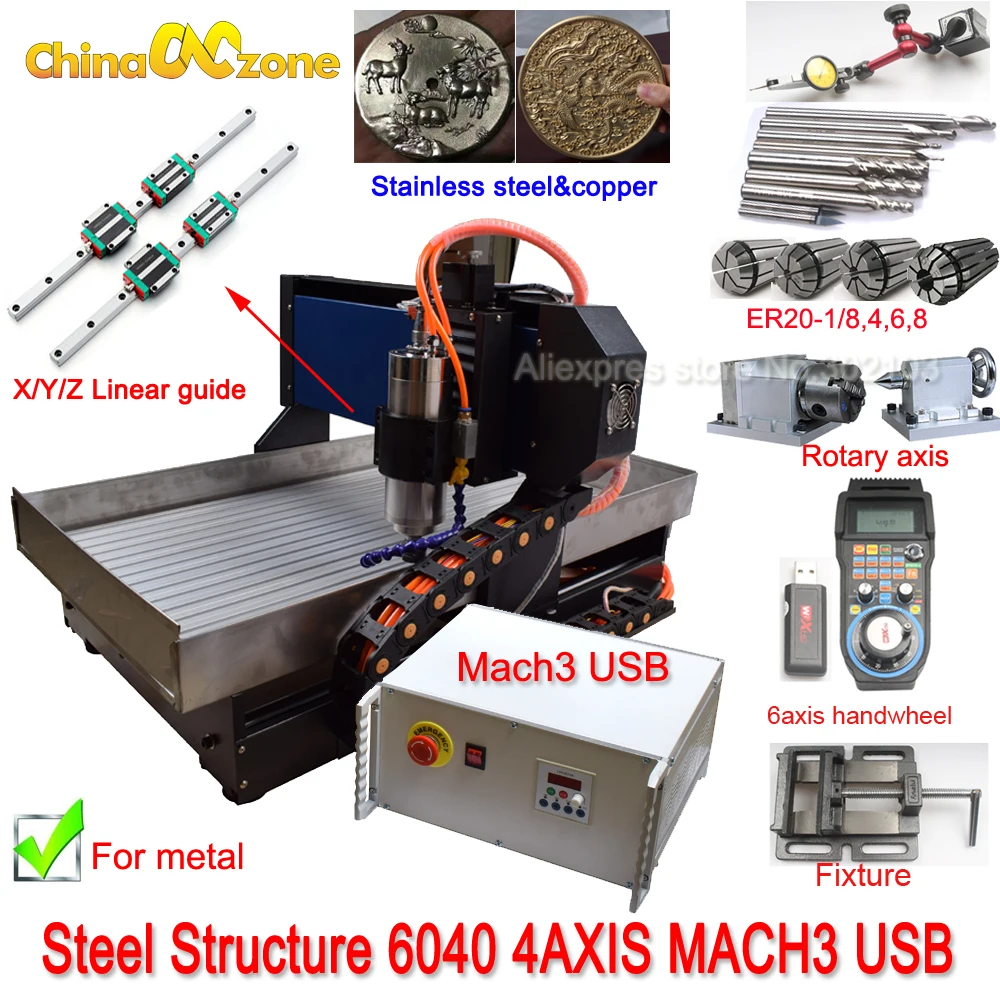 Máquina de grabado de cobre para acero, grabador CNC de 4 ejes, 2,2 kW, 6040, Mach, 3 rieles lineales, almacén de la UE