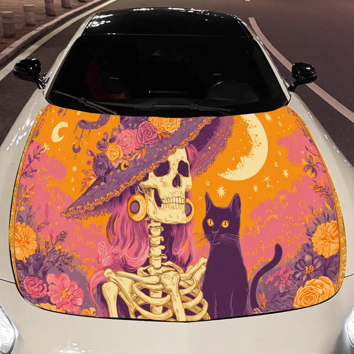 

Красочный Хэллоуин скелет ведьмы и черный кот наклейка на капот двигателя автомобиля, авто виниловые обертывания, водонепроницаемая самоклеящаяся наклейка на автомобиль