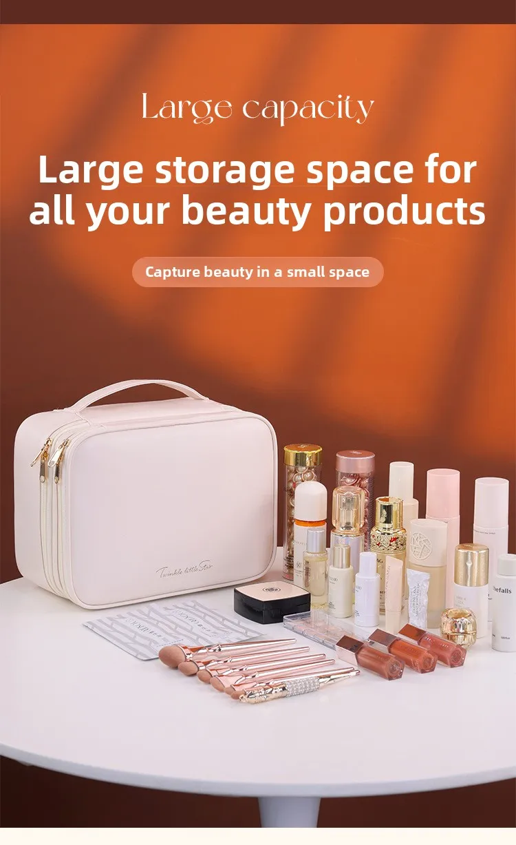 Doppelschichtige Handtasche aus PU-Leder für Make-up, Große Kapazität Reise-Kosmetikorganizer, Toilettentasche für Schönheitsprodukte, Damen – Detail 10
