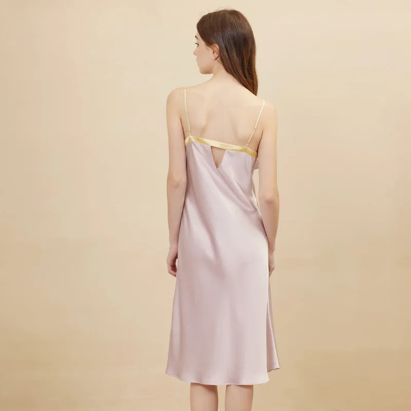 100% de seda Mulberry, camisola de seda de colores contrastantes, vestido con recorte en la espalda, camisón cómodo y Sexy, vestido liso y sedoso elegante de lujo