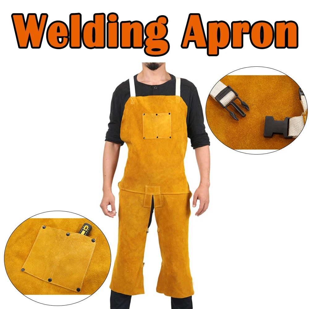 Heavy Duty Welding Clothing Cowhide Leather Welding Apron Split Leg Heat Resistant Bib Apron with Pockets for Anti Heat Flame