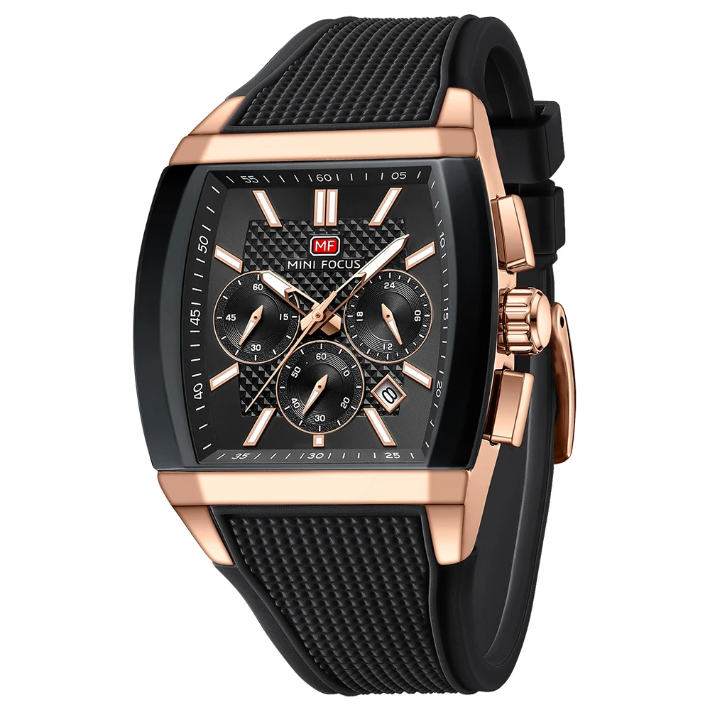 MINI FOCUS New Men’s Tonneau Watch – Waterproof Luminous Quartz Business Casual Wristwatch with Silicone Strap Calendar Display