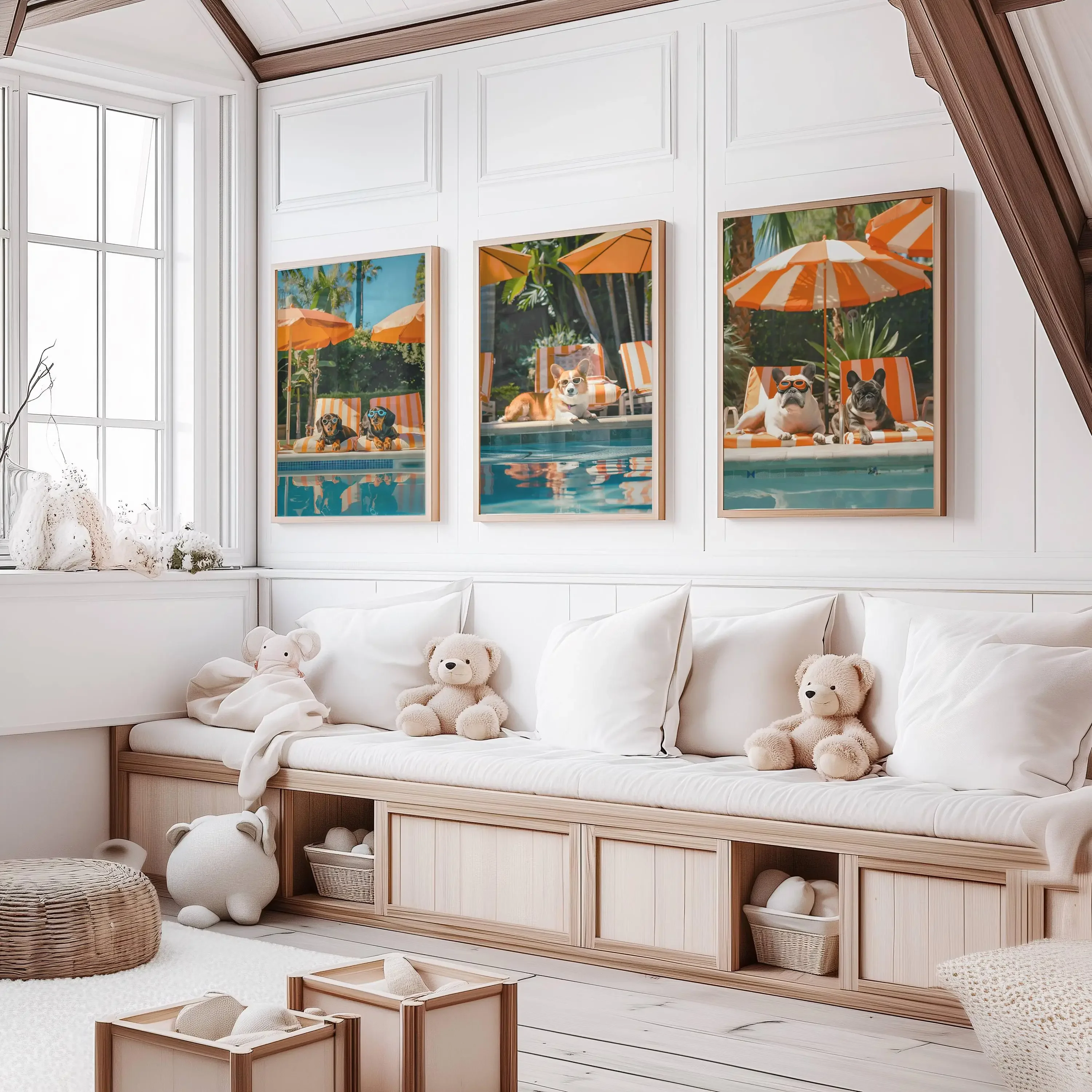 Large-sized frameless  3Pcs Funny Dog Wall Art,Whimsical Coastal Beach House Dog Photography Canvas Prints,Pet Photo Wal