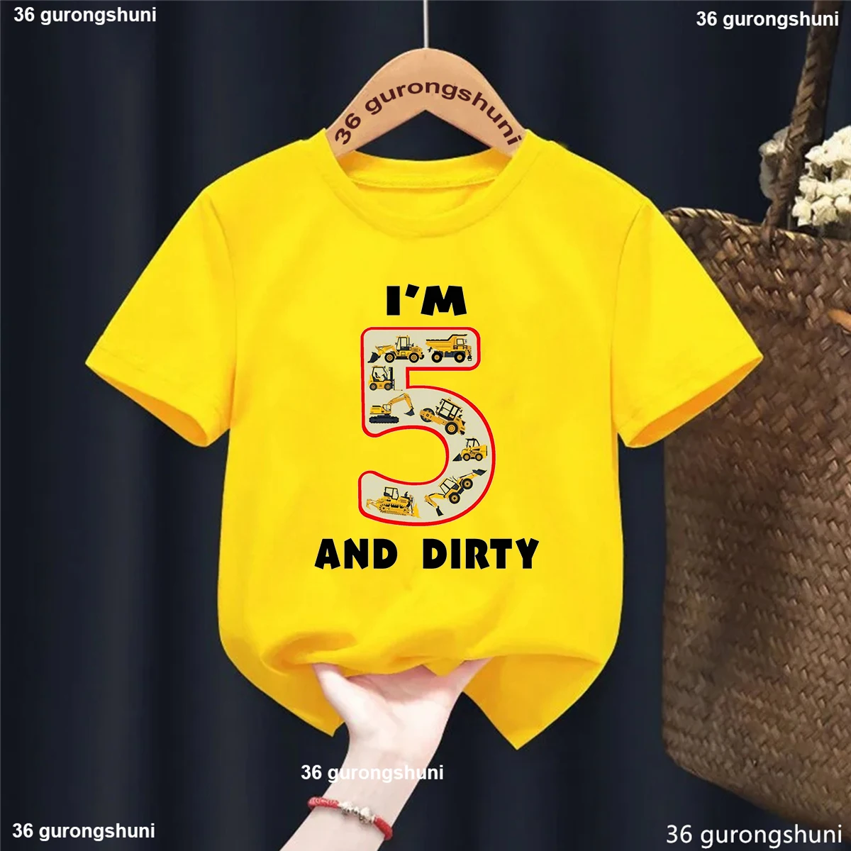 I Am 5th And Dirty Graphic Print Tshirt For Girls/Boys Digging Machine/Tractor Kids Clothes Summer Fashion White/Yellow T-Shirt