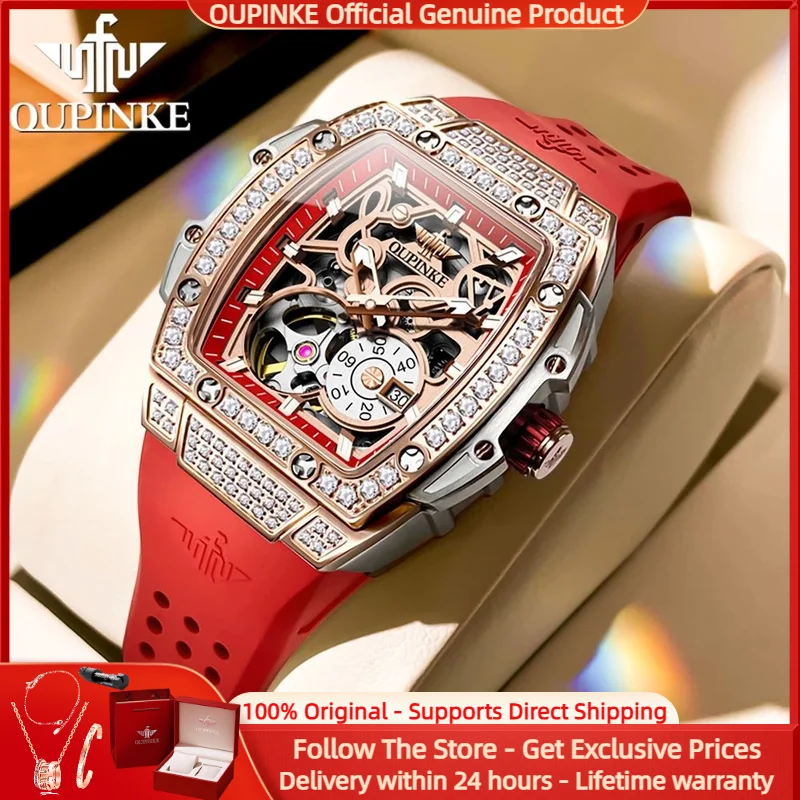 OUPINKE 3220 Flywheel Women Mechanical Watch Luxury Hollow Diamond Women Watch Silicone Strap Sapphire Mirror Women Dress Watch