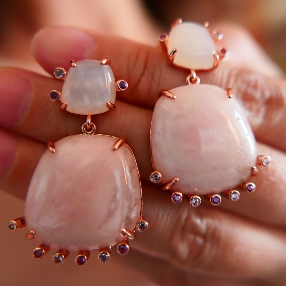 KQDANCE Moonstone Rhodonite Geometric Earrings With Natural Rosy Jade Gemstone 925 Silver Needle Rose Gold Plated Jewelry Women