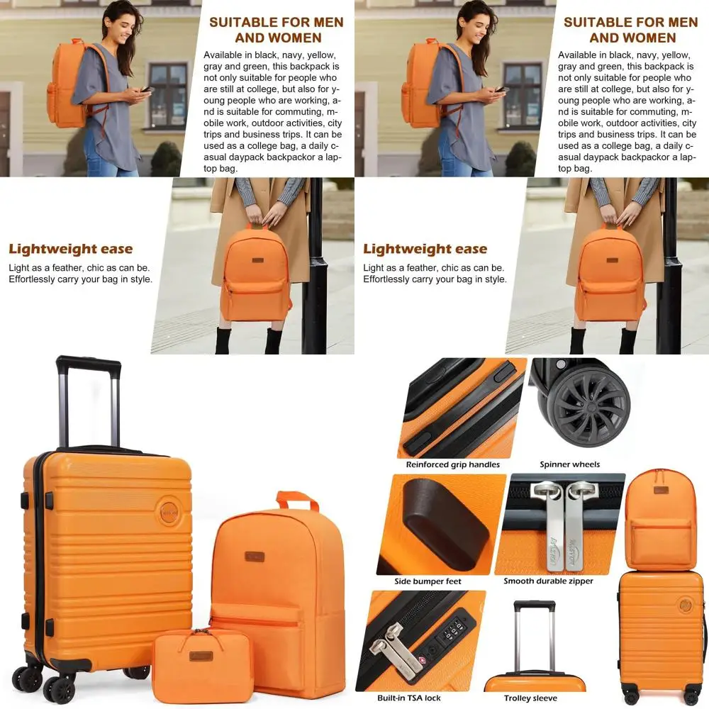

Orange 20-Inch ABS+PC Hardshell Luggage Set with Backpack, 3-Piece, Spinner Wheels, TSA Lock