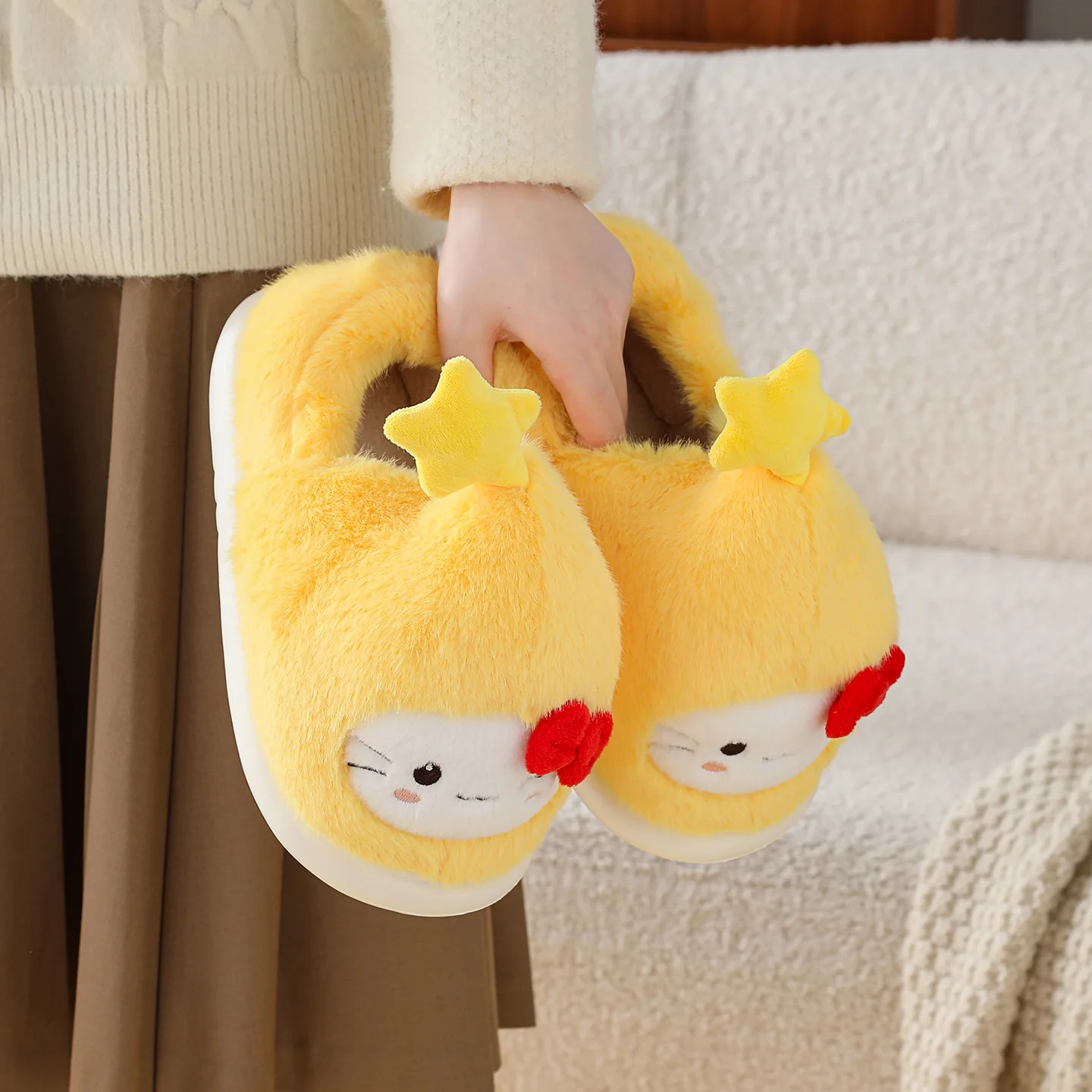 ZUOFU For Women Cute Star Cat Plush Slippers Autumn Winter Warm Non-Slip EVA Sole Indoor Closed Toe Fluffy Home Cotton Slippers