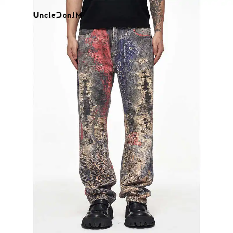 

Digitally Printed Cashew Flower Jeans Distressed Colored Graphic Jeans Y2k Men’s Jeans