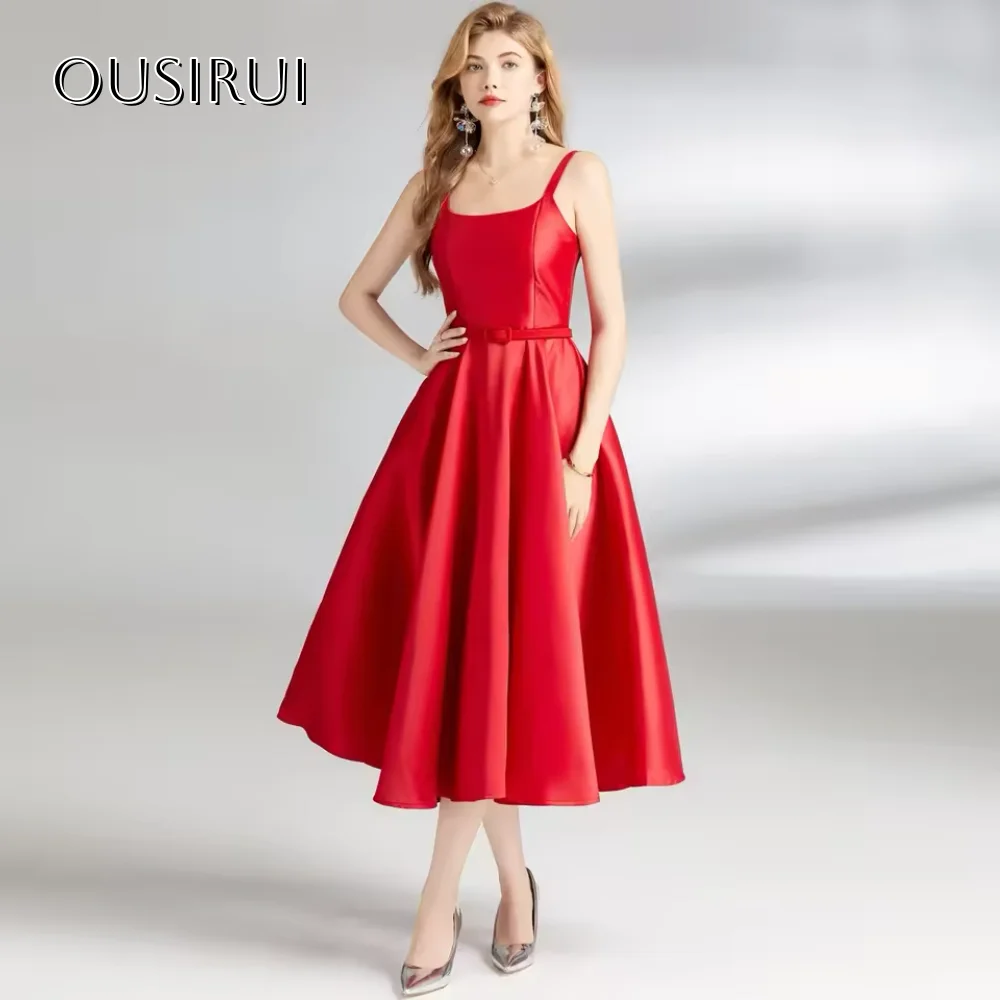 

Spaghetti Straps Satin Cocktail Dresses Sleeveless Ruched Tea Length A Line Party Dresses Customized платье на выпускной