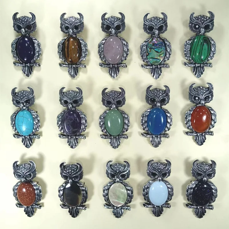 High-end stylish shell-inlaid owl brooch Needle Rose Quartz, Black Shell, Tiger Stone, Turquoise, Gold Sand Agate