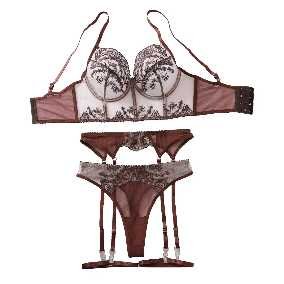 

4 pcs Sexy Set Women Coffee Color Lingerie French Ultra-Thin Hollow Lace Floral Embroidery Bra Thong with Sling Socks Leg Ring