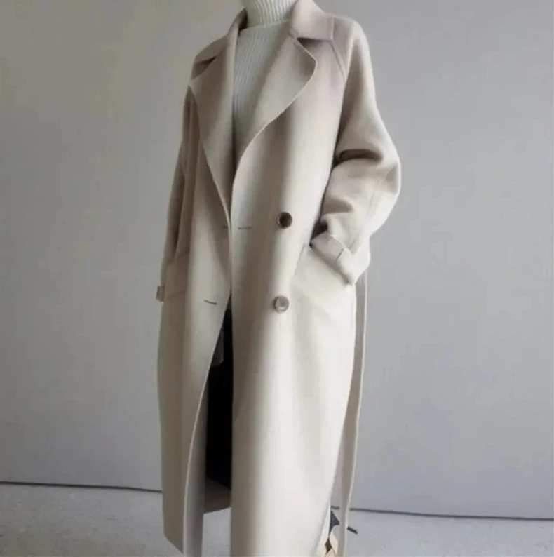 

Women‘s Long Wool Coat, Knee-Length Belted Overcoat, Loose Fit Autumn Winter Outerwear, New & Elegant
