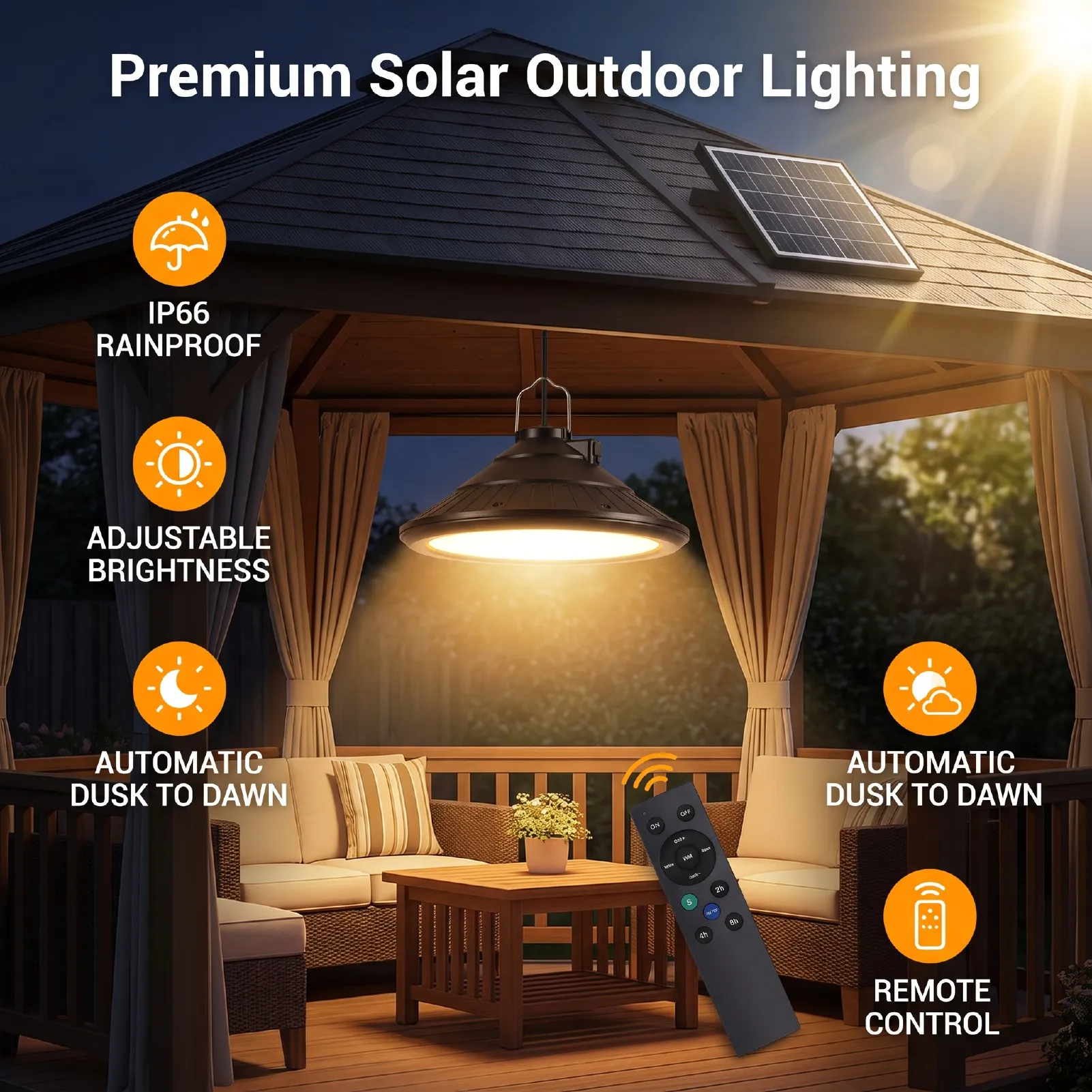 Solar Outdoor Light Pendant Light with Remote Control Dimmable Hanging Lamp Adjustable Color Temperature Auto On/Off IP66