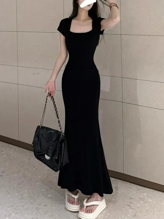 Estate New Sle Colletto quadrato ort Sve Gonna lunga da donna slim fit sexy Body ape ow Fi Tail Gonna avvolgente a vita alta...