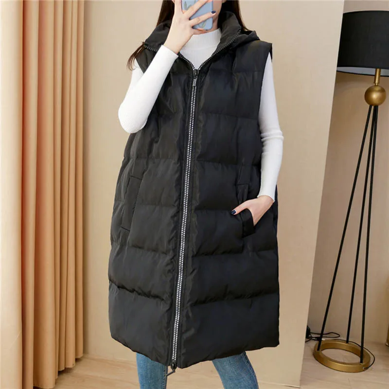 170Kg Plus Size Women\'s Bust 170 Winter Loose Hooded Long Padded Vest Jacket Diamond Zipper Coat Black 7XL 8XL 9XL 10XL 11XL