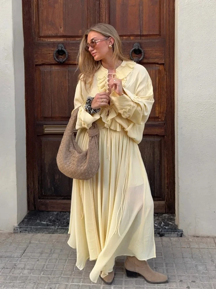 BWQ Vrouwen Elegante Rok Pak Effen Lange Mouwen Kant Los Shirt + Rits Geplooide Trekkoord Decoratie Casual Lange Rok set 2025