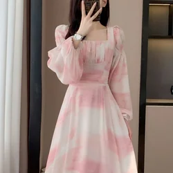 Autumn New Gentle Princess Style Pink Printed Dress Women Square Neck Waist Wrapped Patchwork Long Sleeved Chiffon Dresses 2023