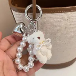 Kawaii Sweet Fluffy Plush Bear Keychain Bag Accessories Heart Keyring Pearl Bowknot Doll Pendant Handbag Pendant Gifts