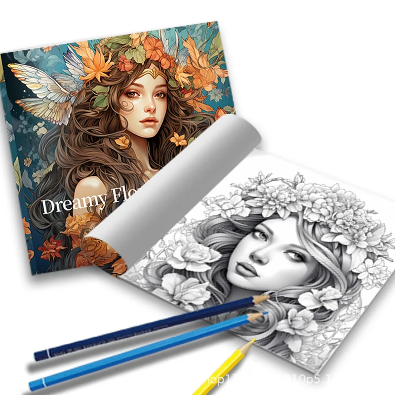 Dreamy Flower Fairies Coloring Book Autumn Leaf Wing Fairy Floral Portrait Stress Relief Drawing Book