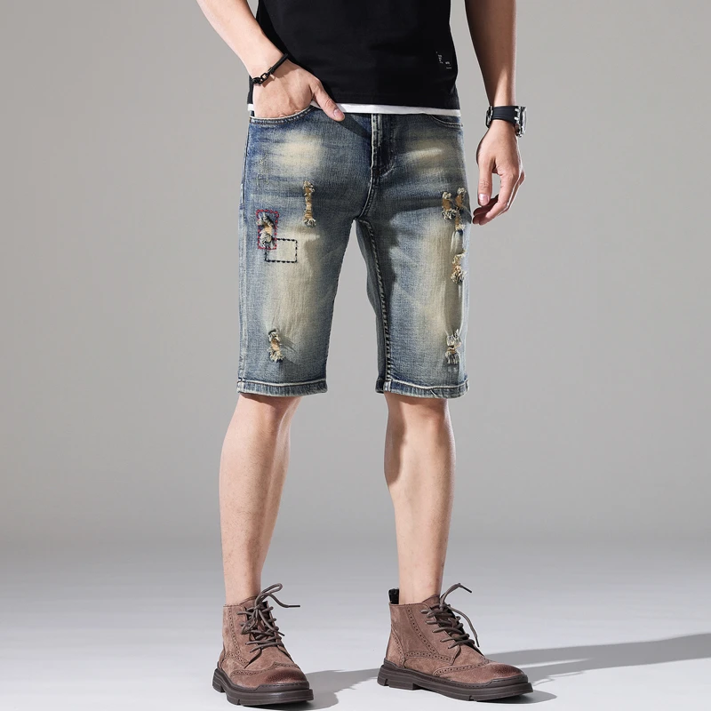 

Summer Vintage Distressed Denim Shorts for Men, Trendy Loose Fit, Five-Point Straight Slim Fit【QQ： 1518359144 】