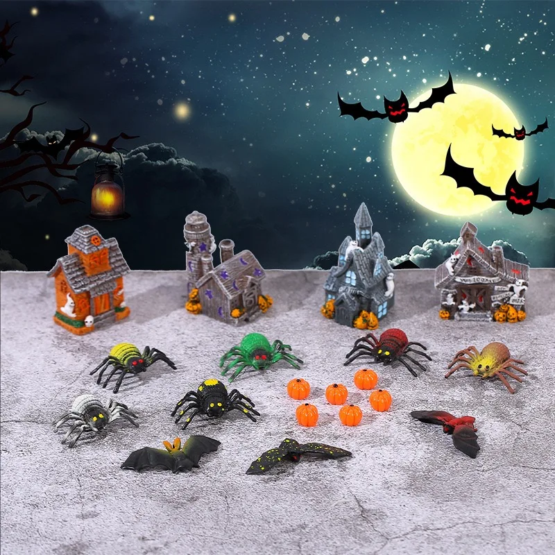 Halloween Decor Cartoon Spider Bat Figurines Resin Craft DIY Micro Landscape Ghost House Mini Miniatures Pumpkin Ornament