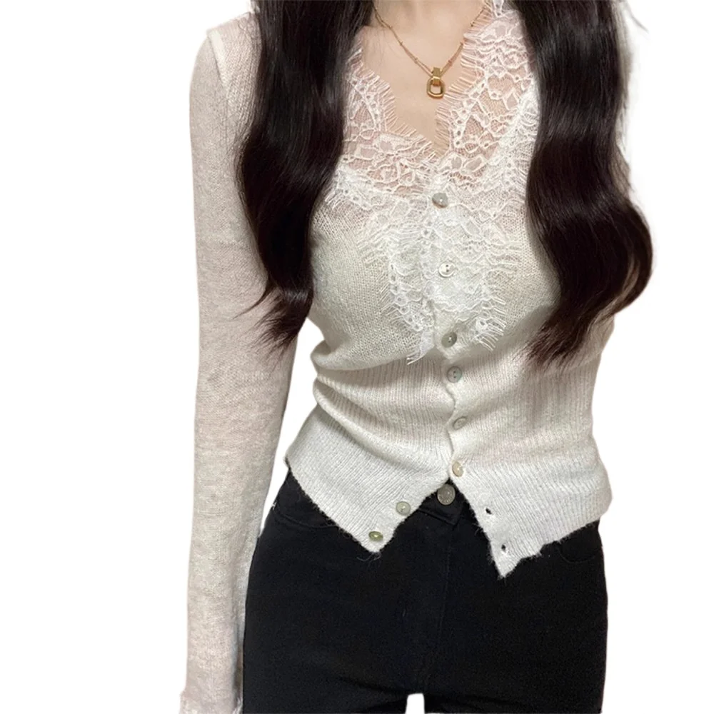 

Spring and Summer 2026 Temperament Elegant Sexy Solid Color Lace Edge V-neck Slim-fit Knitted Cardigan with Bottoming Shirt Top
