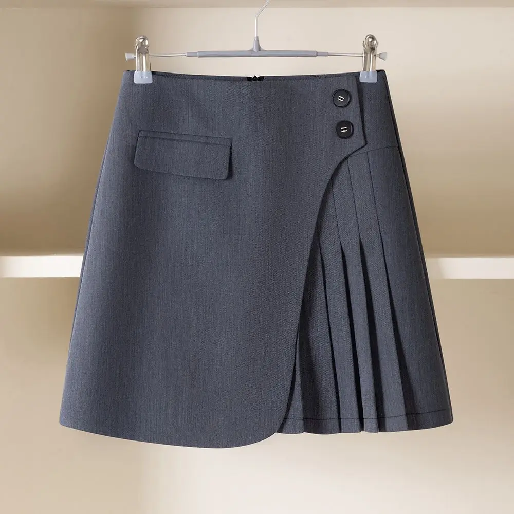 Half-body Skirt Pleated Skirt Suit Fabric Senior Grey Irregular False Two-piece Thin Belly Short Skirt Anti-glare Skirts
