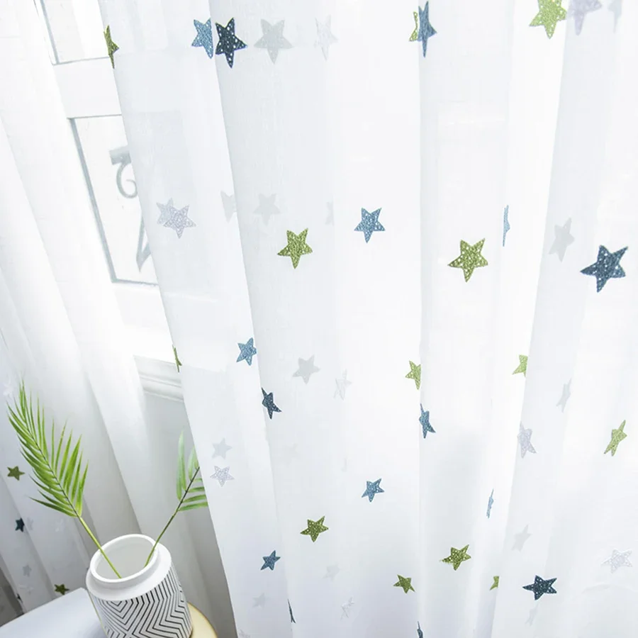 

Green Mesh Towel Embroidery Star Window Screen Tulle For Living Room Children Cartoon Curtains Balcony Bedroom Sheer Drapes