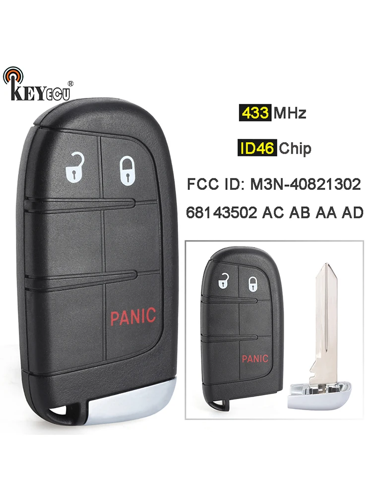 KEYECU 433MHz ID46 Chip FCC ID: M3N-40821302 P/N 68143502 Replacement 3 Button Smart Remote Key Fob for Grand Cherokee 2014-2022