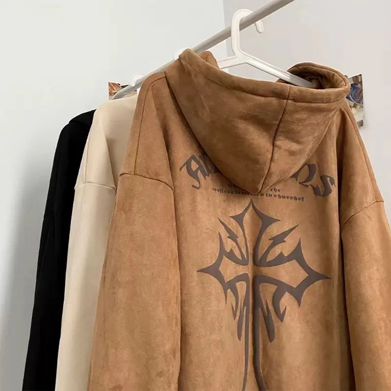 

Loose Fit Men's Hoodie Suede Cloth Cross Pattern Comfortable Autumn Winter Jaet Casual Streetwear Polyester Fabric