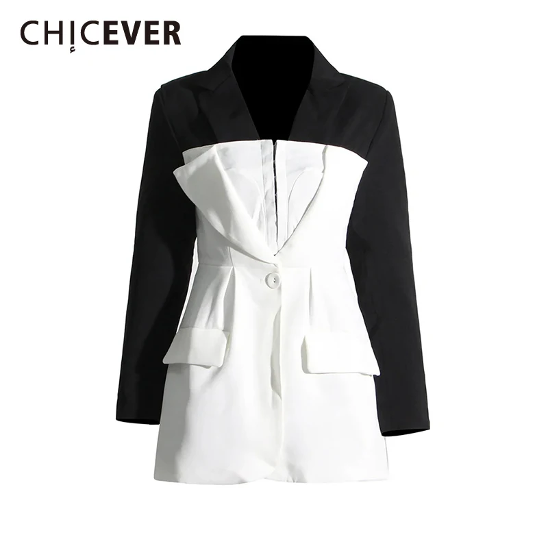 

CHICEVER Hit Color Patchwork Button Blazers For Women Notched Collar Long Sleeve Spliced Pockets Slim Blazer Female Summer New