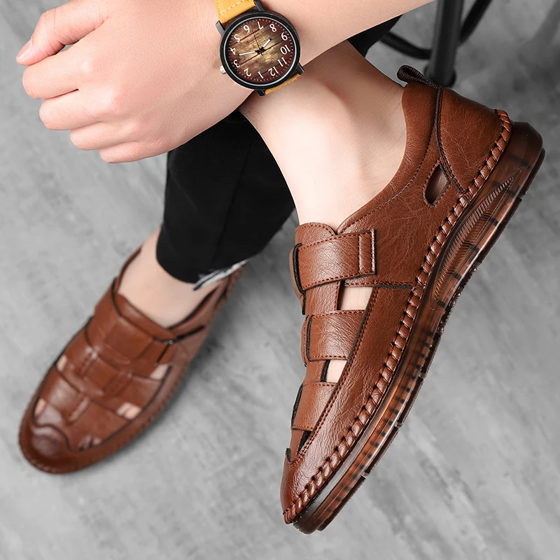 Genuine Leather 2024 Summer Special Offer Men\'s Business Casual Hollow Work with Holes Leather Sandals Men\'s Work Hole Sandals