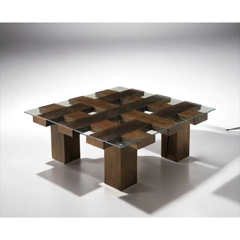 Ancient wood glass plaid coffee table wabi-sabi wind low table multi-functional panel
