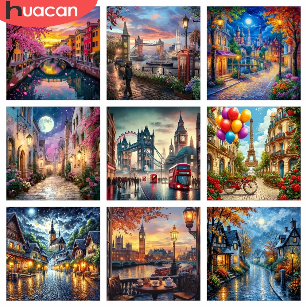 HUACAN Diamant-Malerei Stadtstraßen-Landschaft Moderne Stickerei im Angebot Turm-Szenerie Kunsthandwerk Heimdekoration Komplettsets