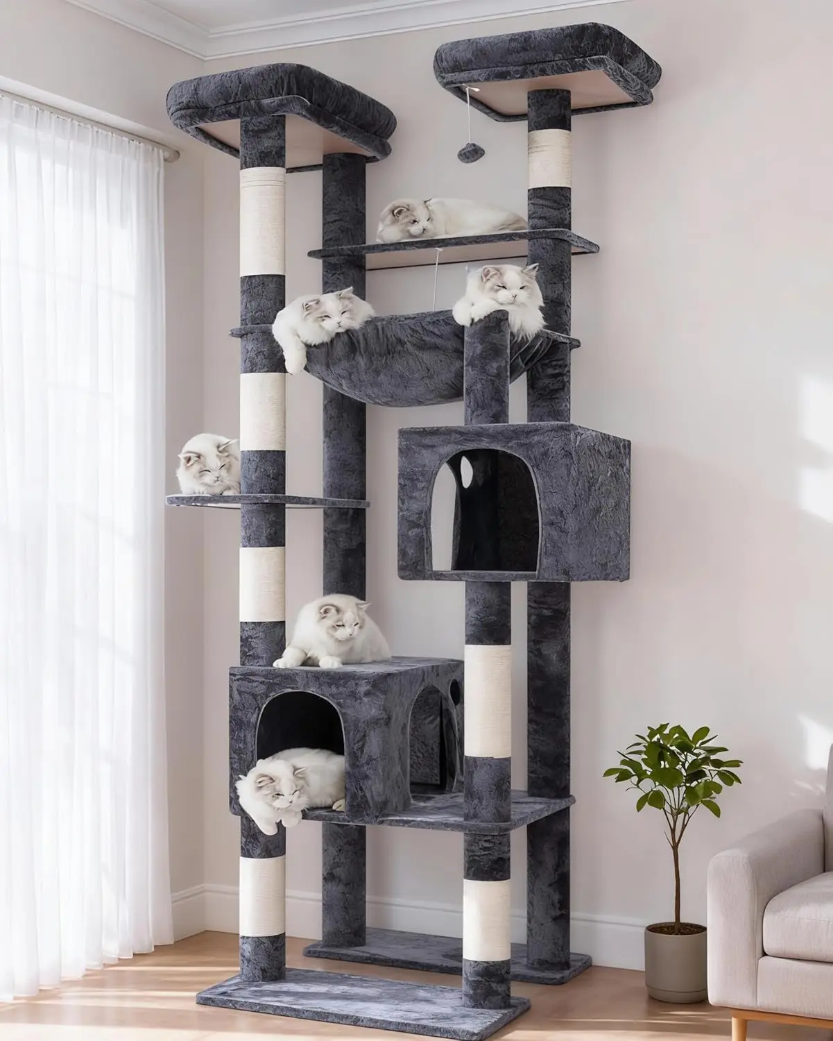 

Tall Cat Tree Tower, Heavy Duty Scratching Posts with Large Platforms, Cozy Condos, Big Hammock, Toy Balls, Multi-Level