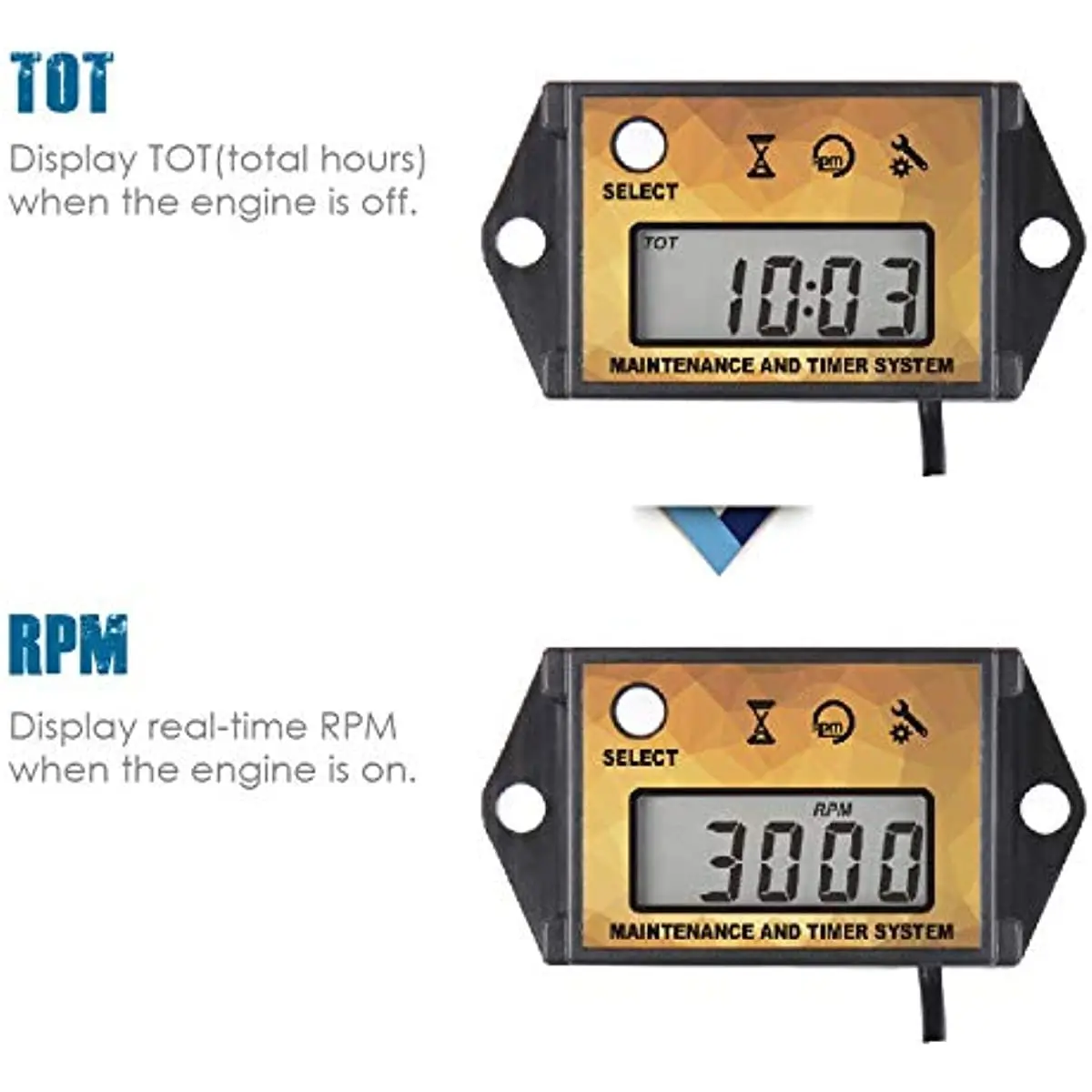 Digital Hour Meter Tachometer Maintenance Reminder Max RPM Recall Use for Lawn Mower Outboard ATV Jetski Motor Paragliding Chain