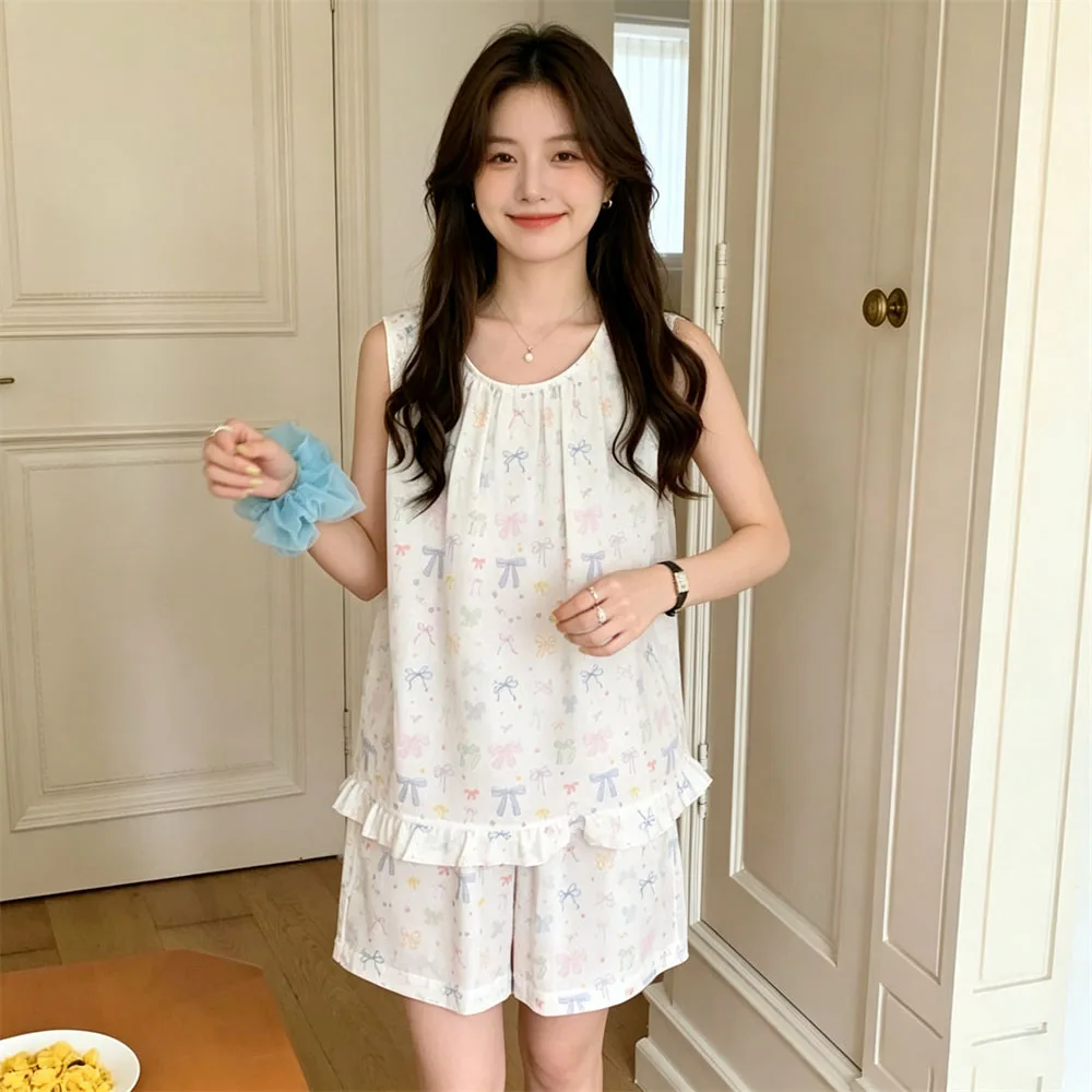 Summer Korean Style Sleeveless Pajamas Set Women Cute Bow Print  Cami Top Shorts Loungewear Sleepwear Soft Comfortable Loose Fit