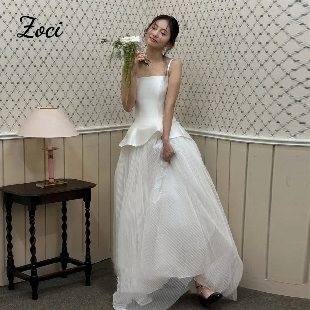 Zoci Simple Strapless Satin Korea Wedding Dresses Customized Pleats Tulle A Line Bride Dress Photos Shoot Draped Bridal Gown
