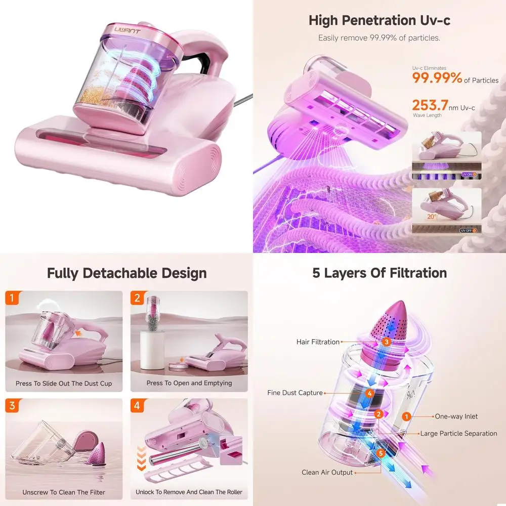 

Мощный пылесос для матрасов с УФ-С лампой и HEPA-фильтром, 16 кПа, для кроватей, подушек и пледов, розовый