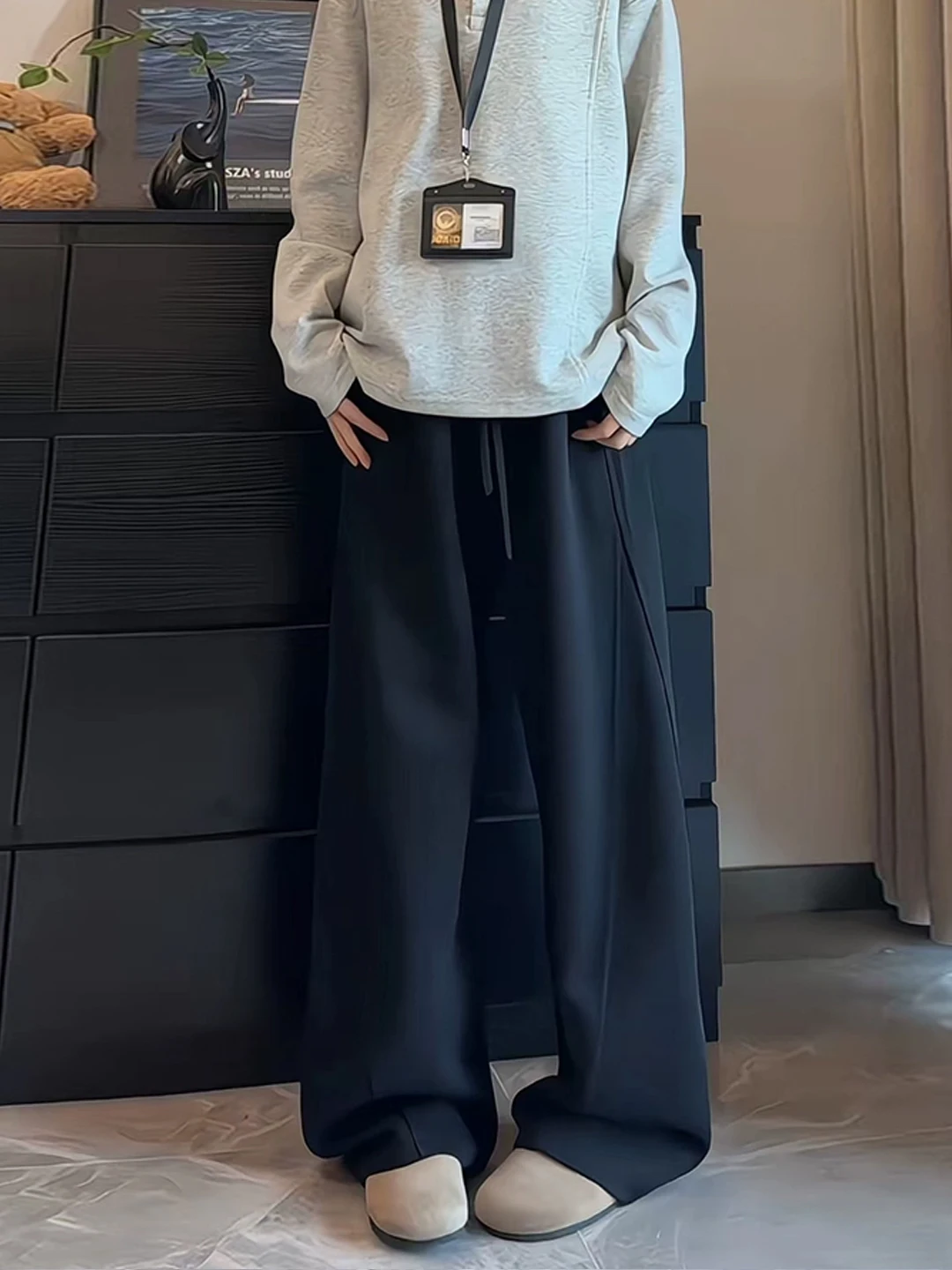 

Bla American Sle Loose Men's Casual Pants Autumn BF Lazy Sle Drapey Wide Leg Sports Leisure Trousers Straight Cut