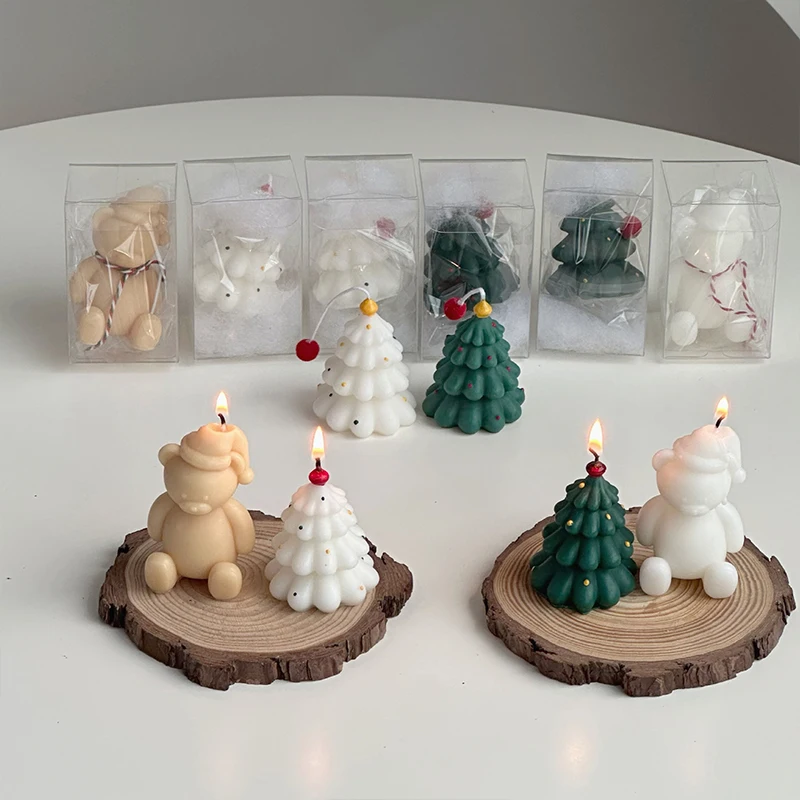 Creative Christmas Tree Candle Mini Atmosphere Cartoon Bear Shape Candle  Xmas New Year Decor Handmade DIY Gift