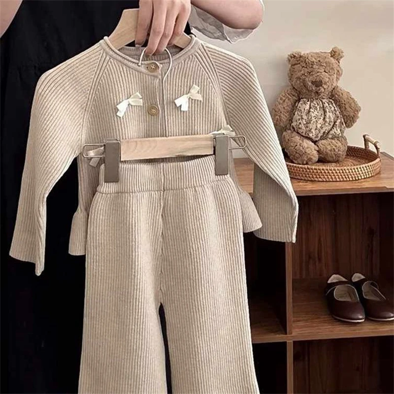 Girls Set 2024 Spring and Autumn New Fashion Long-sleeved Knitted Top Children Two-piece Set Toddler Girl Clothes