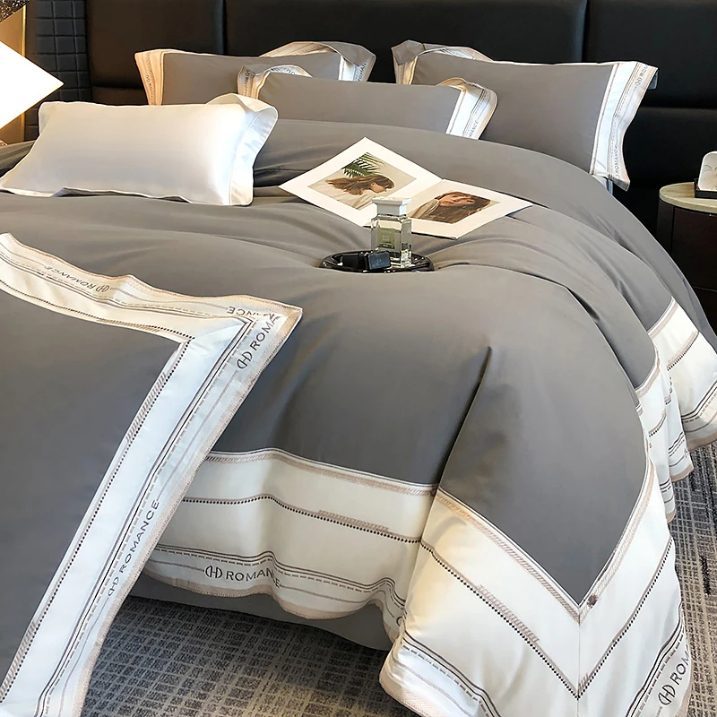 

Chic Frame Embroidery Patchwork Duvet Cover 1000TC Long Staple Cotton Brushed Bedding Set Fitted/Bed Sheet Pillowcases 4pcs