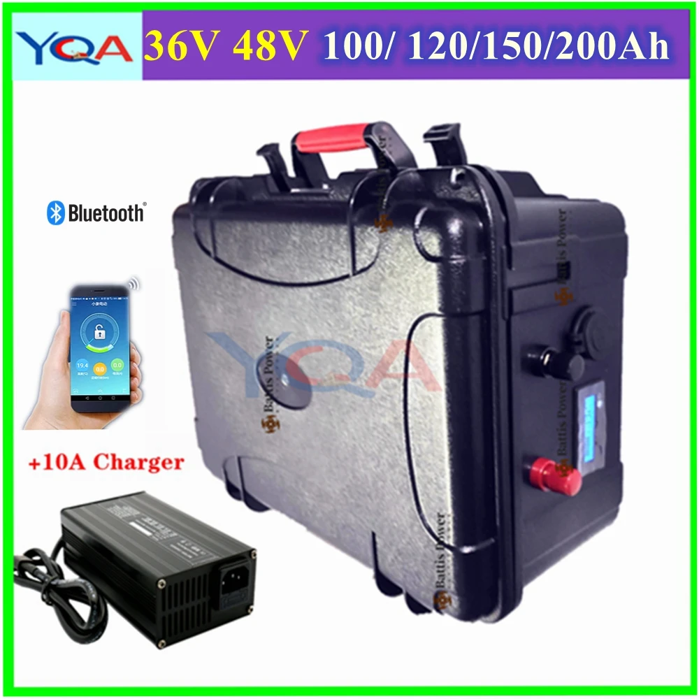 Batterie Lithium LiFePO4 Étanche, 36V, 100Ah, 200Ah, 48V, 150Ah, avec Bluetooth, pour Tricycle, Voiturette de Golf 5000W