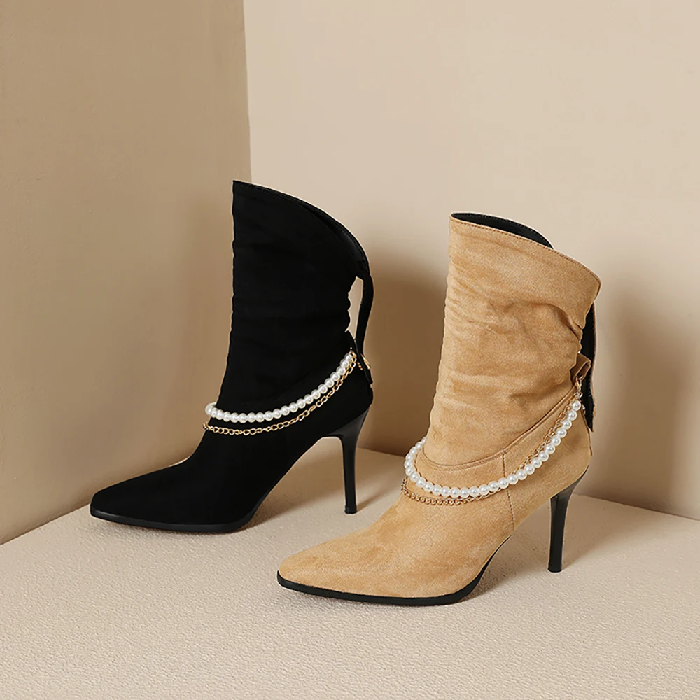 2026 جديد شتاء موجزة المشمش الأسود النساء منتصف العجل الأحذية اللؤلؤ عالية الكعب الخنجر سيدة أحذية الحفلات حجم كبير 11 43 45 48 #3