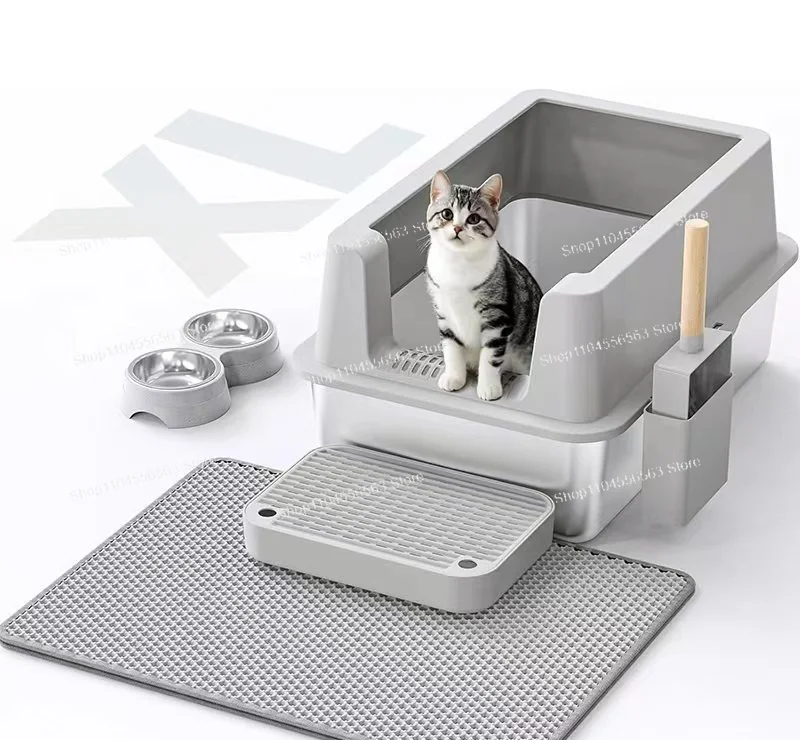 Semi-closed 304 Stainless Steel Cat Litter Box 201 Anti-corrosion and Leak-proof Sand Large Space, Easy To Clean and Thicker